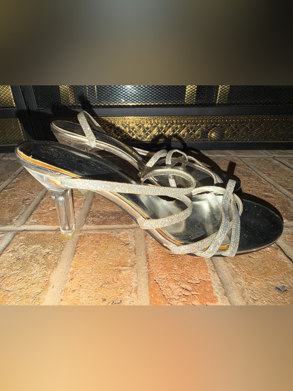Glitter Strappy Clear-Heel Sandals in Silver